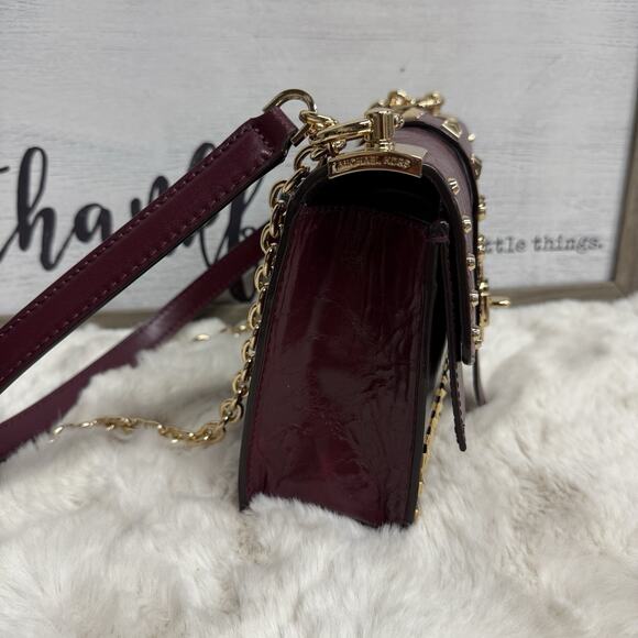 MICHAEL KORS Greenwich Studded Leather Shoulder Bag Burgundy Dark Berry - Picture 5 of 13